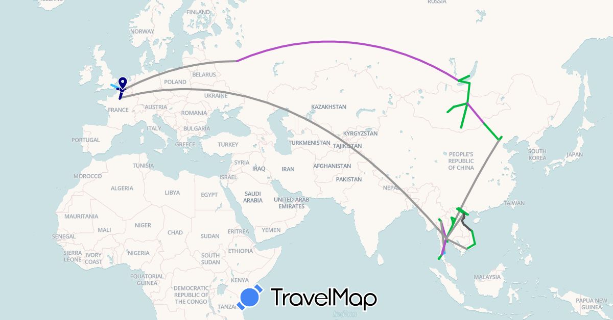 TravelMap itinerary: driving, bus, plane, train, boat, motorbike in Belgium, China, France, United Kingdom, Laos, Mongolia, Russia, Thailand, Vietnam (Asia, Europe)