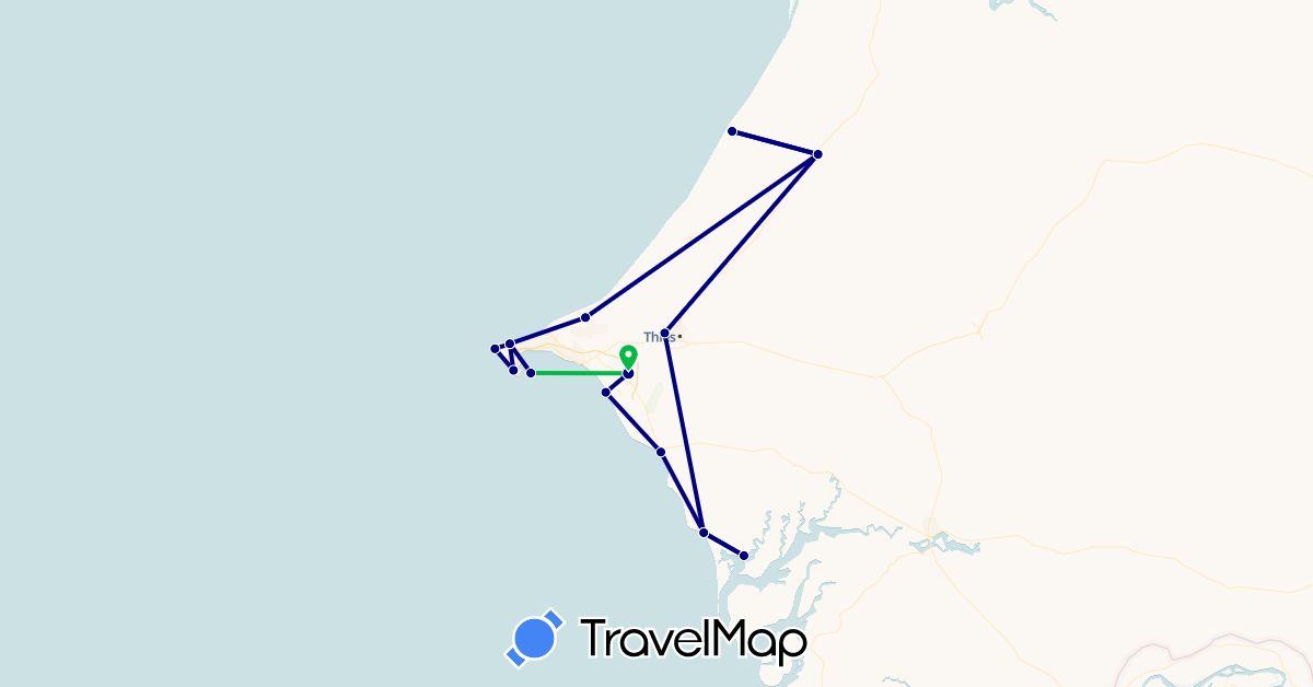 TravelMap itinerary: driving, bus, plane in Senegal (Africa)